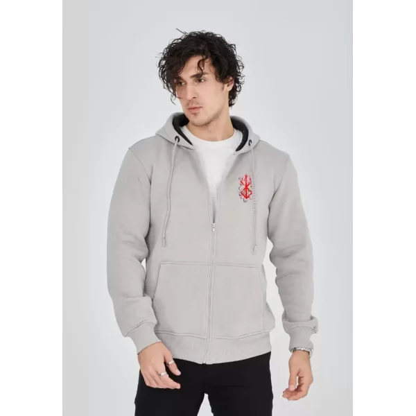 Unisex Baskılı Tam Fermuarlı Kapşonlu SweatShirt - Boyalı Gri