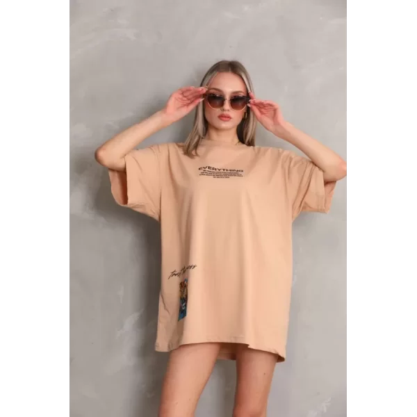 Unisex Bisiklet Yaka Baskılı Oversize T-Shirt - Bej