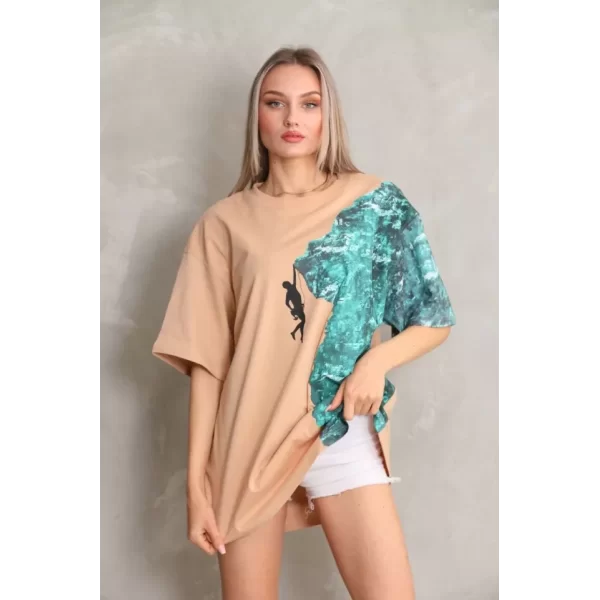 Unisex Bisiklet Yaka Baskılı Oversize T-Shirt - Bej