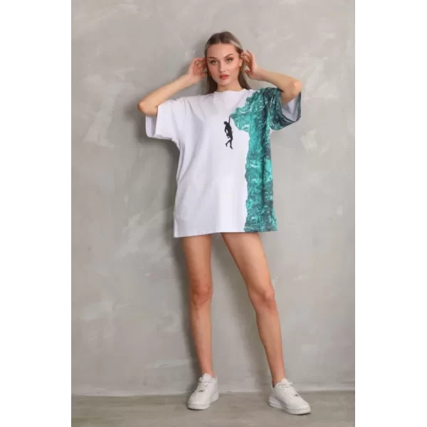 Unisex Bisiklet Yaka Baskılı Oversize T-Shirt - Beyaz