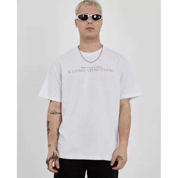 Unisex Bisiklet Yaka Baskılı Oversize T-Shirt - Beyaz