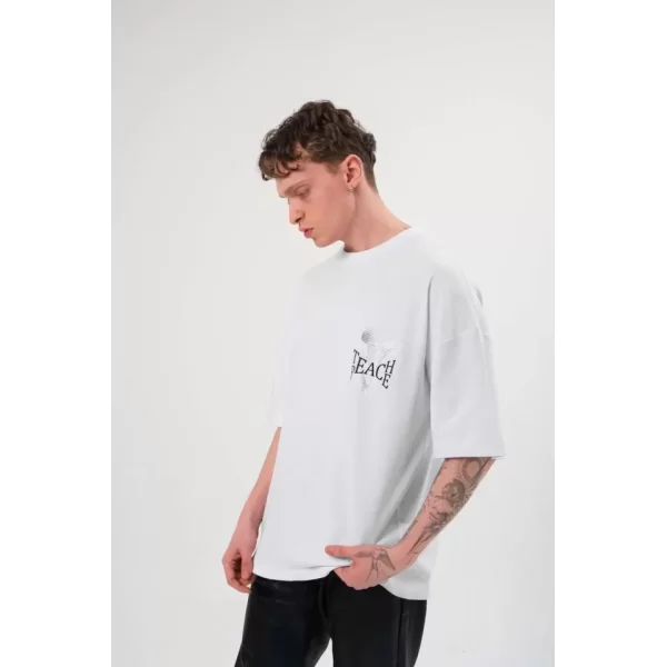 Unisex Bisiklet Yaka Baskılı Oversize T-Shirt - Beyaz