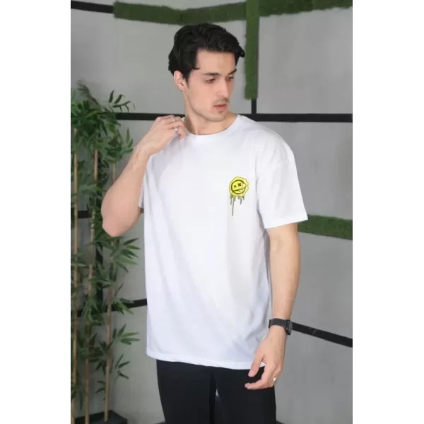 Unisex Bisiklet Yaka Baskılı Oversize T-Shirt - Beyaz