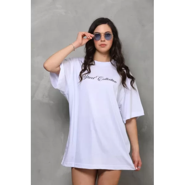 Unisex Bisiklet Yaka Baskılı Oversize T-Shirt - Beyaz