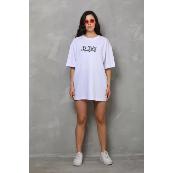 Unisex Bisiklet Yaka Baskılı Oversize T-Shirt - Beyaz