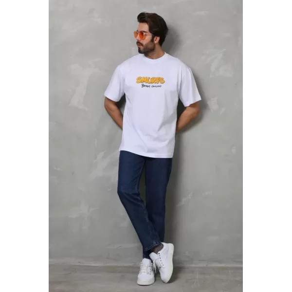 Unisex Bisiklet Yaka Baskılı Oversize T-Shirt - Beyaz