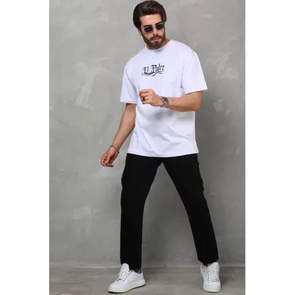 Unisex Bisiklet Yaka Baskılı Oversize T-Shirt - Beyaz