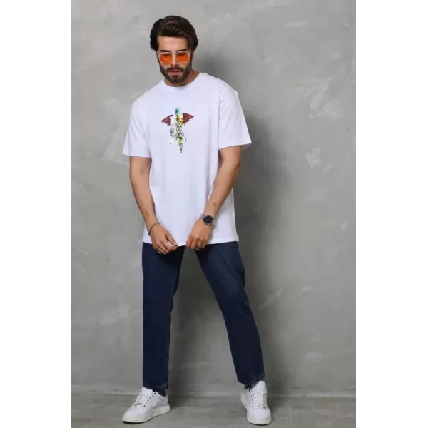 Unisex Bisiklet Yaka Baskılı Oversize T-Shirt - Beyaz