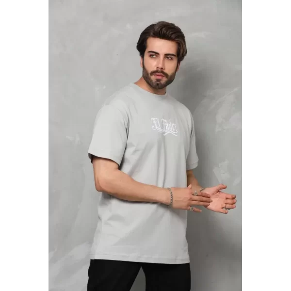 Unisex Bisiklet Yaka Baskılı Oversize T-Shirt - Gri