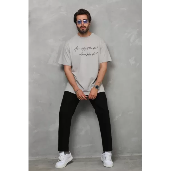 Unisex Bisiklet Yaka Baskılı Oversize T-Shirt - Gri