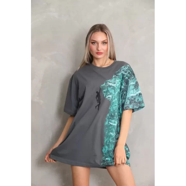 Unisex Bisiklet Yaka Baskılı Oversize T-Shirt - Gri