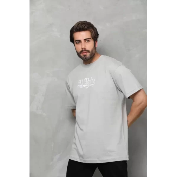 Unisex Bisiklet Yaka Baskılı Oversize T-Shirt - Gri