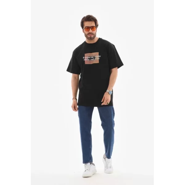 Unisex Bisiklet Yaka Baskılı Oversize T-Shirt - Siyah