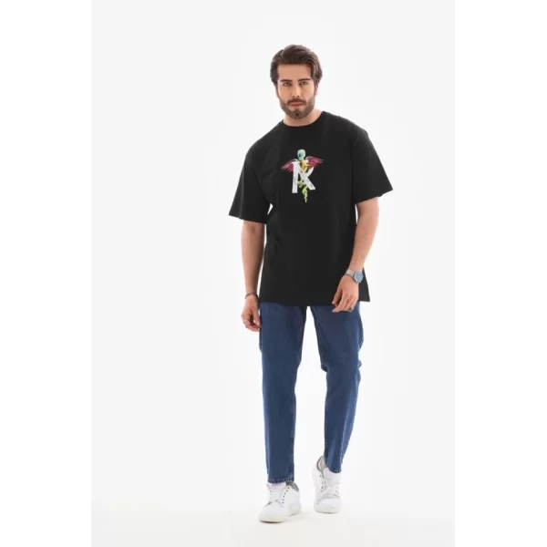 Unisex Bisiklet Yaka Baskılı Oversize T-Shirt - Siyah