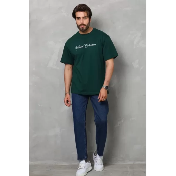 Unisex Bisiklet Yaka Baskılı Oversize T-Shirt - Yeşil