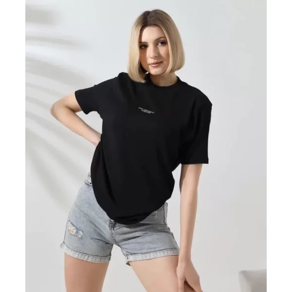 Unisex Bisiklet Yaka Baskılı Slim Fit T-Shirt - Siyah