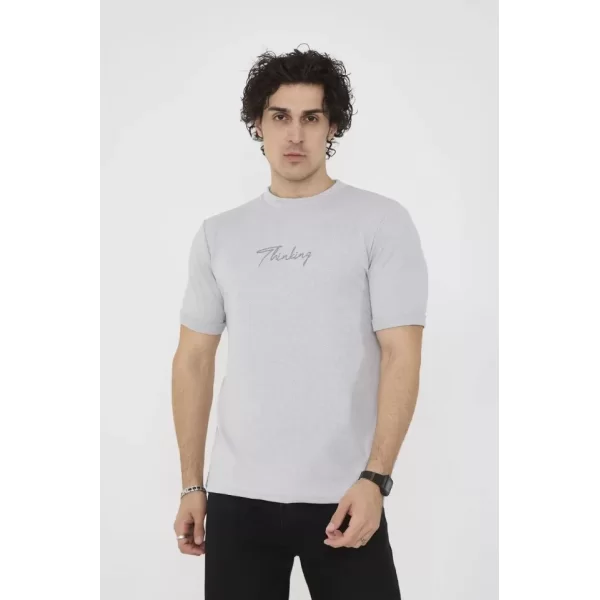 Unisex Bisiklet Yaka Slim Fit T-Shirt- Boyalı Gri