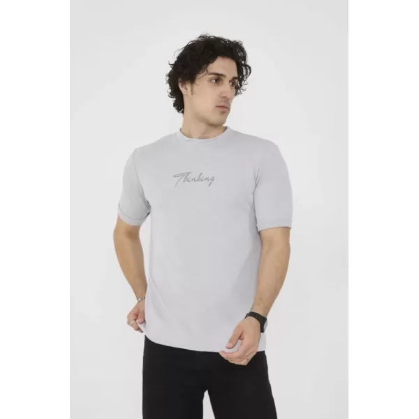 Unisex Bisiklet Yaka Slim Fit T-Shirt- Boyalı Gri