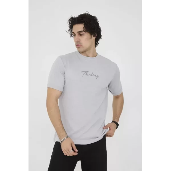 Unisex Bisiklet Yaka Slim Fit T-Shirt- Boyalı Gri