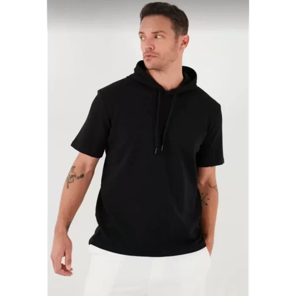 Unisex Kapşonlu Kısa Kol Düz Oversize T-shirt - Siyah