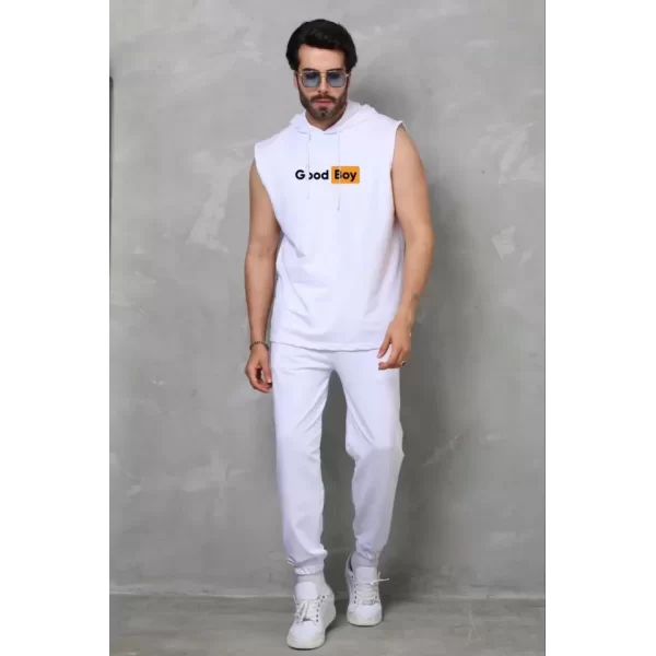 Unisex Kapşonlu Kolsuz Oversize Baskılı Tişört - Beyaz