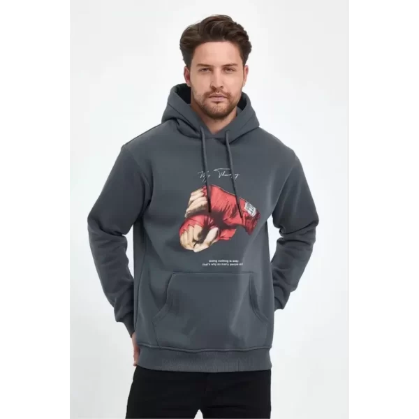 Unisex Kapüşonlu Üç İplik Oversize Baskılı Sweatshirt - Gri