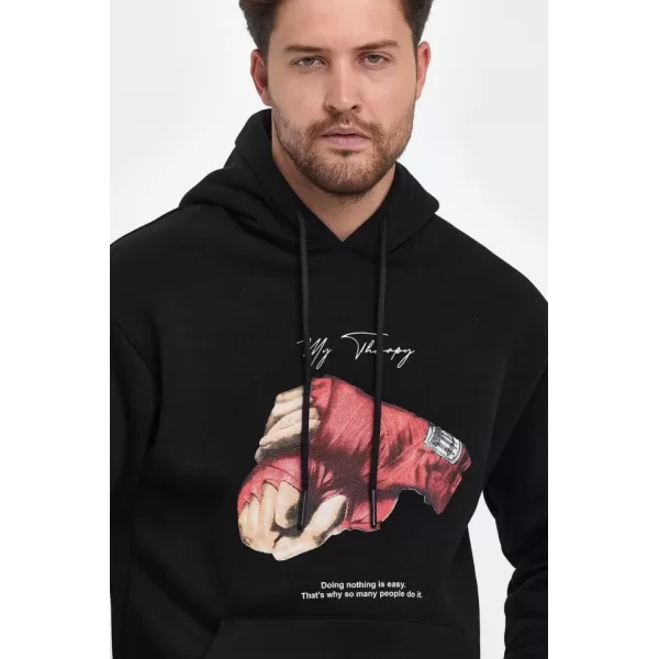 Unisex Kapüşonlu Üç İplik Oversize Baskılı Sweatshirt - Siyah