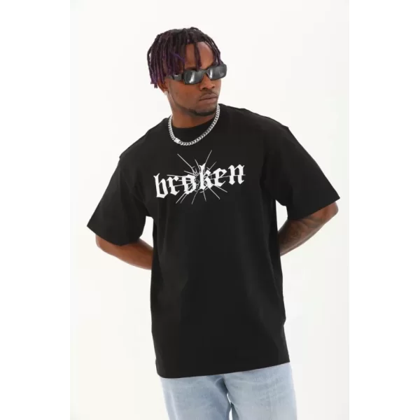 Unisex Oversize Baskılı Bisiklet Yaka T-Shirt - Siyah