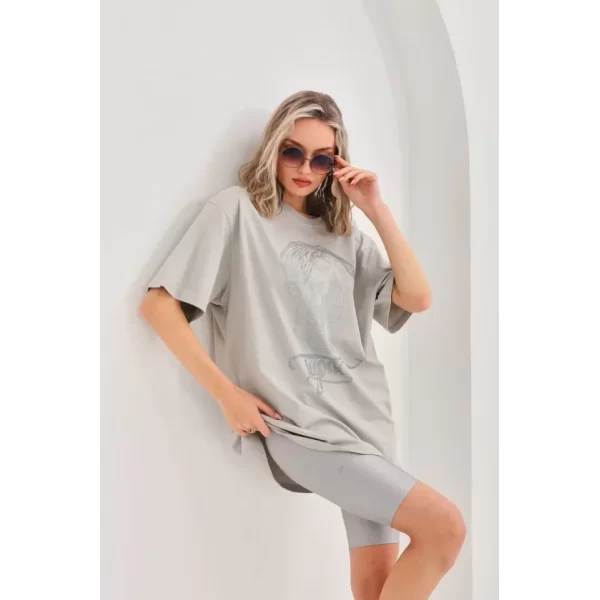 Unisex Taş Desenli Oversize T-Shirt - Gri