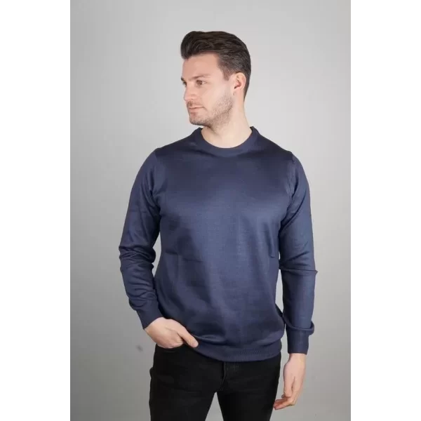 Unisex Uzun Kol Biskilet Yaka Dokuma Triko - Indigo