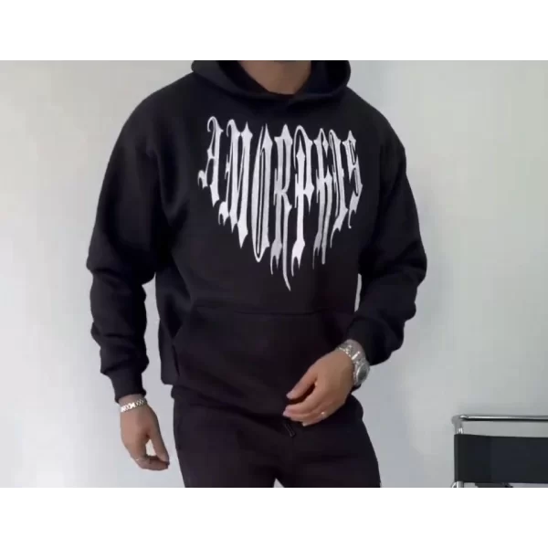 Uzun Kol Kapşonlu Baskılı SweatShirt - Siyah