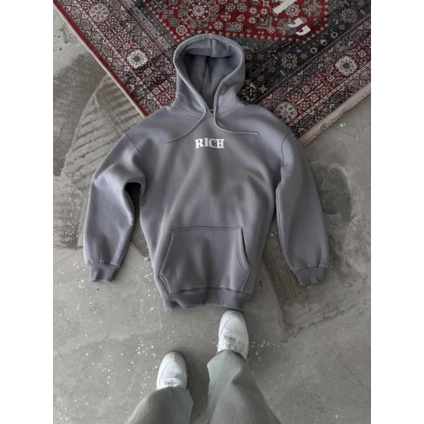 Uzun Kol Kapşonlu Göğüs Baskılı SweatShirt - Gri