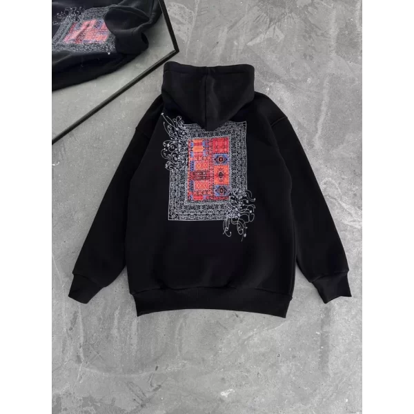 Uzun Kol Kapşonlu Ön Ve Arka Baskılı SweatShirt - Siyah