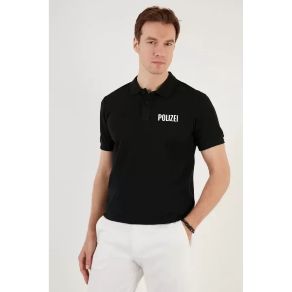 Yakası Düğmeli Yakalı Pike Baskılı T-Shirt - Siyah