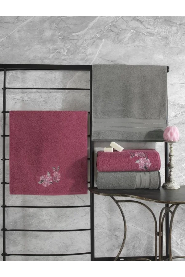 %100 Pamuk Hamam Havlu Seti Colorful Gri-Pembe
