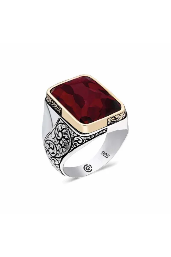 Luz&Pos ​gümüş Bordo Taşlı Köşeli Erkek Yüzük