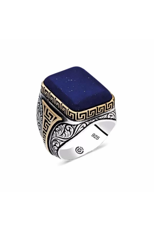 Luz&Pos ​gümüş Koyu Mavi Lapis Taşlı Kare Erkek Yüzük