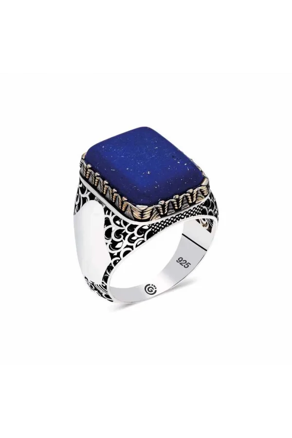 Luz&Pos ​gümüş Mavi Lapis Taşlı Kare Erkek Yüzük