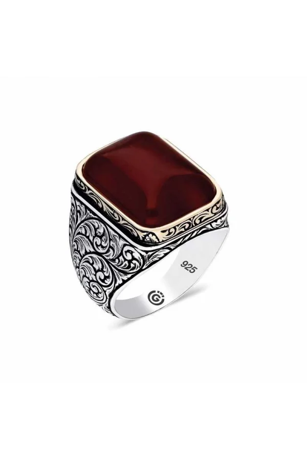 Luz&Pos ​gümüş Zirkon Koyu Bordo  Taşlı Kare Erkek Yüzük