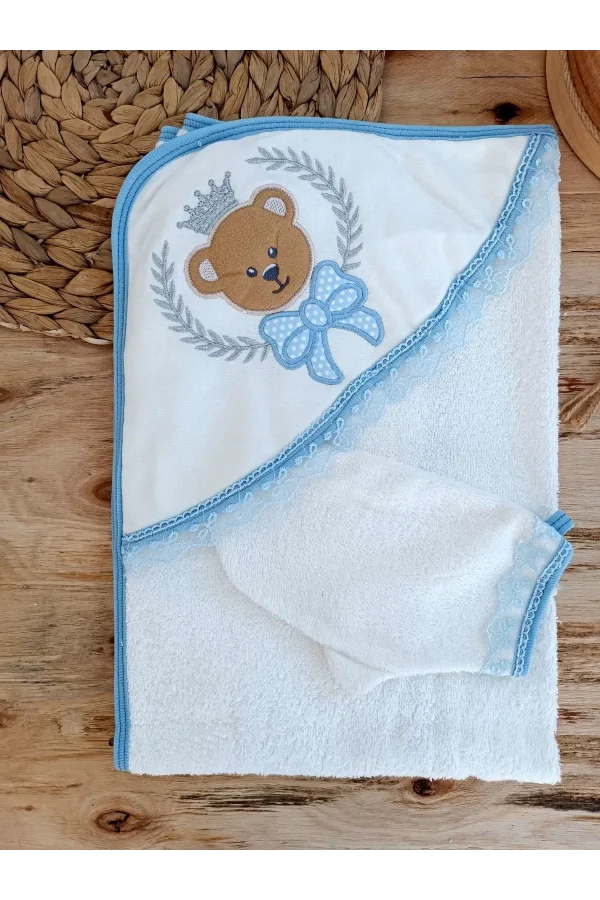 Luz&Pos 0-1 Yaş Bear Nakışlı El Keseli 2li Erkek Bebek Havlu Takımı Mavi