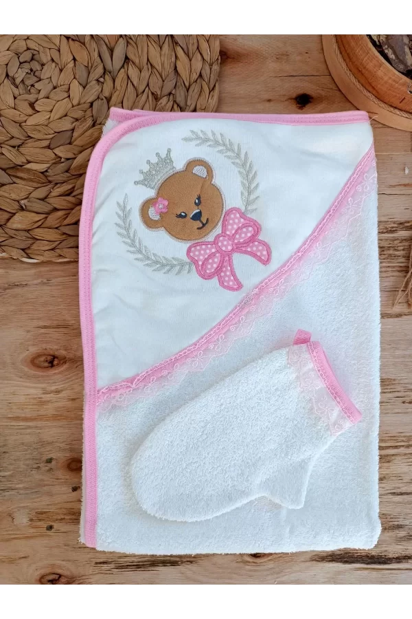 Luz&Pos 0-1 Yaş Bear Nakışlı El Keseli 2li Kız Bebek Havlu Takımı Pembe