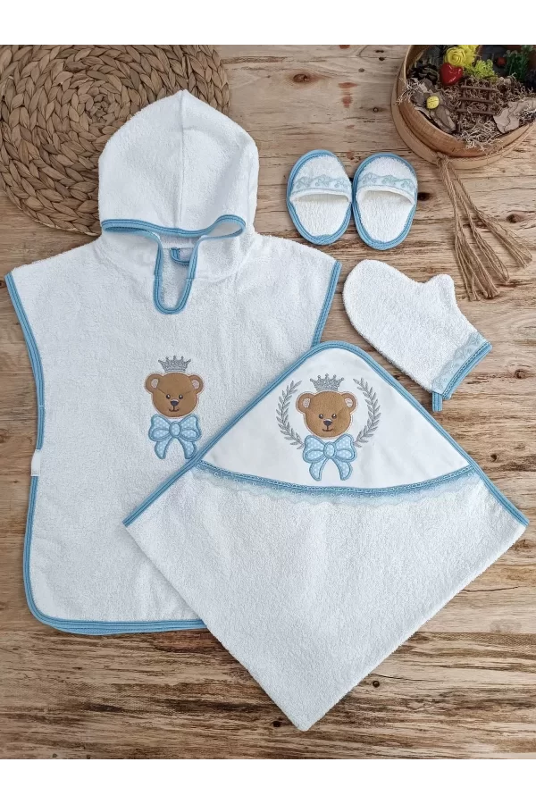 Luz&Pos 0-1 Yaş Bear Nakışlı Pareolu 4lü Erkek Bebek Havlu Silgi Takımı Mavi