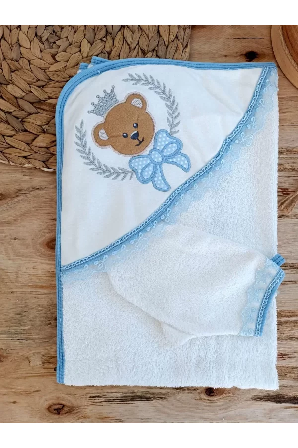 Luz&Pos 0-1 Yaş Bear Nakışlı Pareolu 4lü Erkek Bebek Havlu Silgi Takımı Mavi