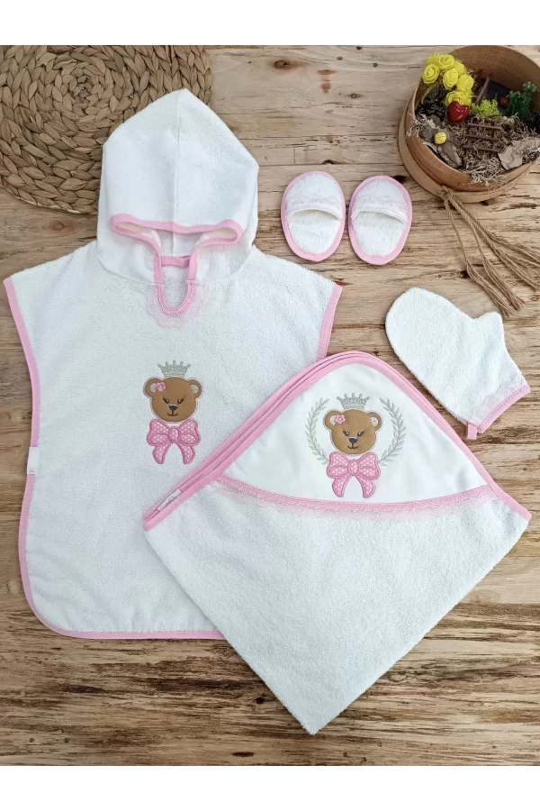 Luz&Pos 0-1 Yaş Bear Nakışlı Pareolu 4lü Kız Bebek Havlu Silgi Takımı Pembe