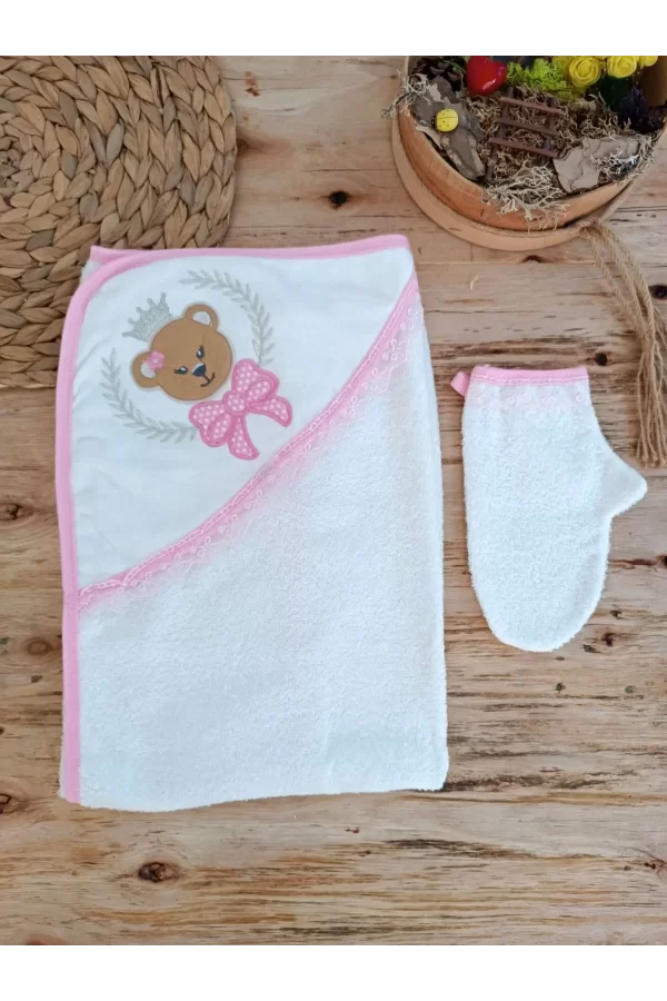 Luz&Pos 0-1 Yaş Bear Nakışlı Pareolu 4lü Kız Bebek Havlu Silgi Takımı Pembe