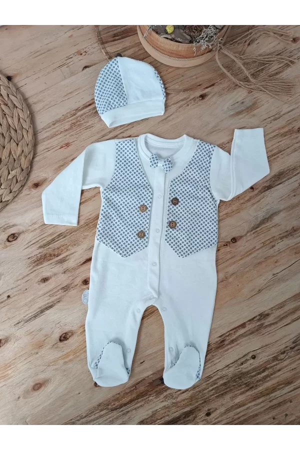 Luz&Pos 0-3 3-6 6-9 Ay Şapkalı Yelek Detaylı Boydan Çıtçıt Erkek Bebek Tulumu Ekru