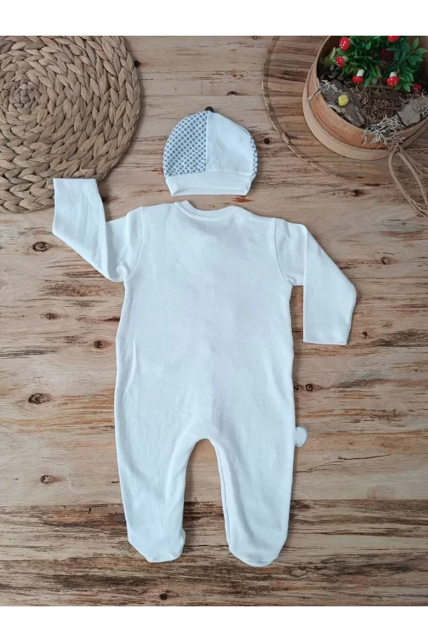 Luz&Pos 0-3 3-6 6-9 Ay Şapkalı Yelek Detaylı Boydan Çıtçıt Erkek Bebek Tulumu Ekru