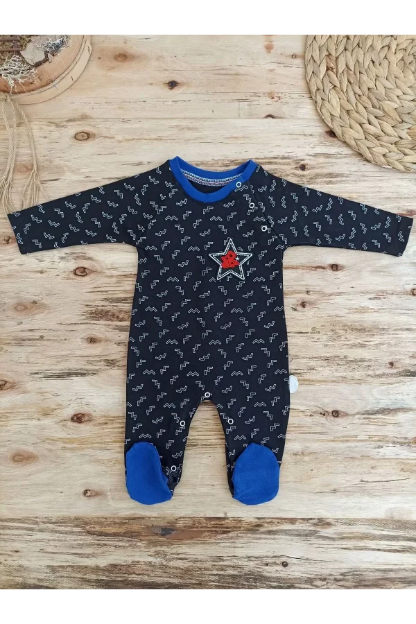 Luz&Pos 0-3 3-6 6-9 Ay Star Baby Baskılı Çıt Çıt Kapama Erkek Bebek Tulum Siyah