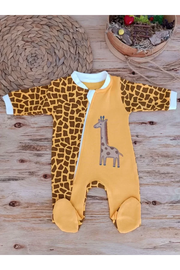 Luz&Pos 0-3 3-6 Ay Boy Fermuar Zürafa Nakışlı Kız Erkek Bebek Tulum Sarı