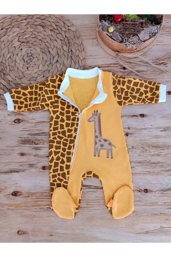 Luz&Pos 0-3 3-6 Ay Boy Fermuar Zürafa Nakışlı Kız Erkek Bebek Tulum Sarı
